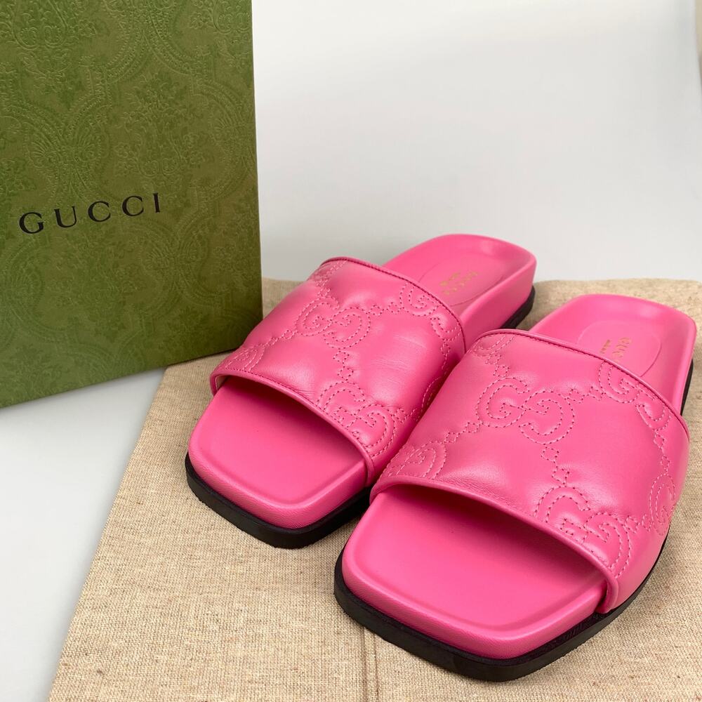 Nib Gucci Nappa Charlotte Logo Pink Leather Sandal Size 37